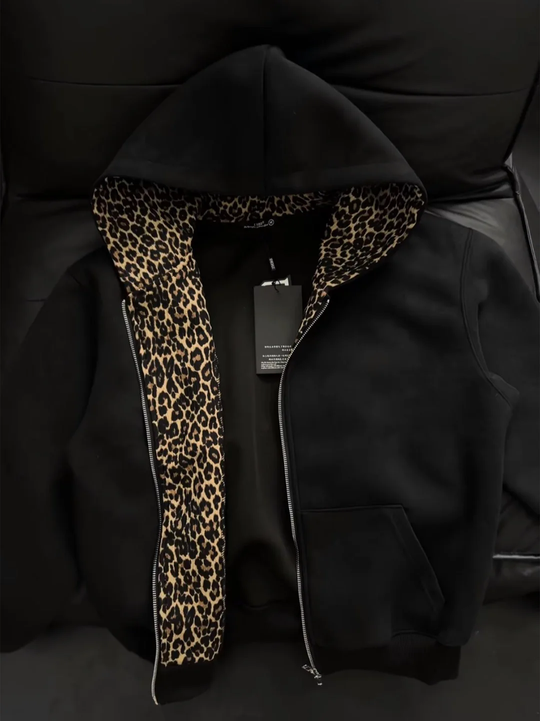 Mens Leopard Print Lined Zip Hoodie Contrast Inner Splice Autumn Clean Fit Streetwear Loose Male Casual Cardigan Hooded Jacket