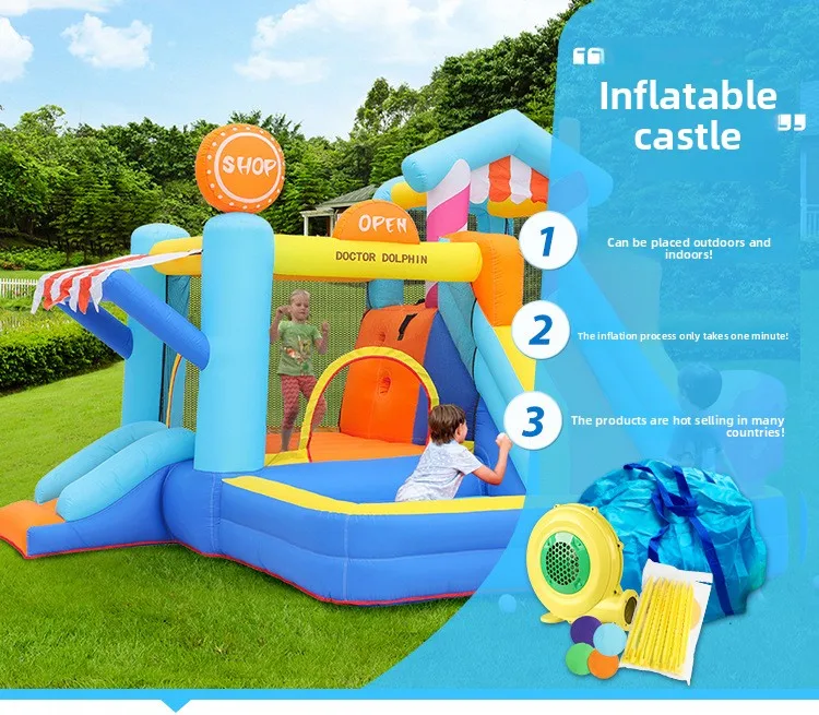 บ้านลมเด็ก ด็อกเตอร์ดอลฟิน ผ้าอ็อกซ์ฟอร์ด พร้อมสไลเดอร์ แทรมโพลีน สำหรับเล่นกลางแจ้ง ขนาดเล็ก กันลื่น