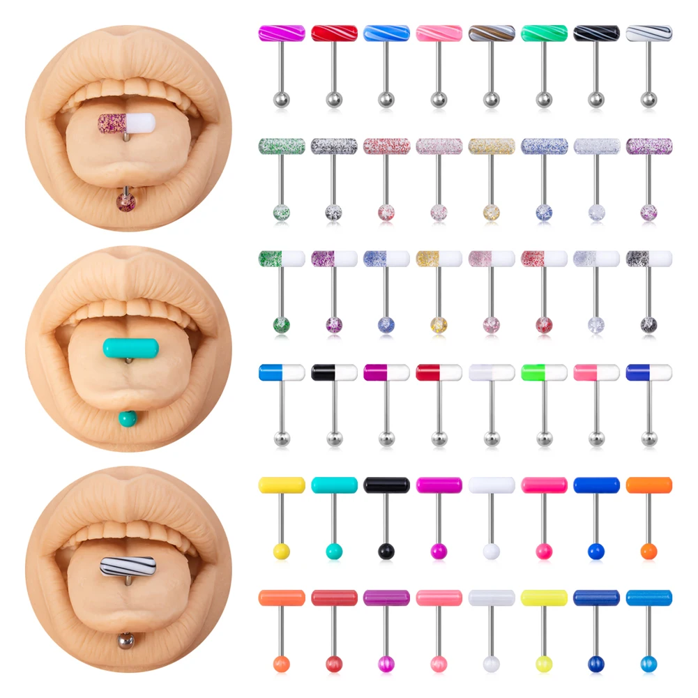 14G Punk Acrylic Pill Tongue Rings Surgical Steel Bar Tongue Piercing Dice Capsule Shaped Tongue Ring Tongue Pierc Jewel Unisex