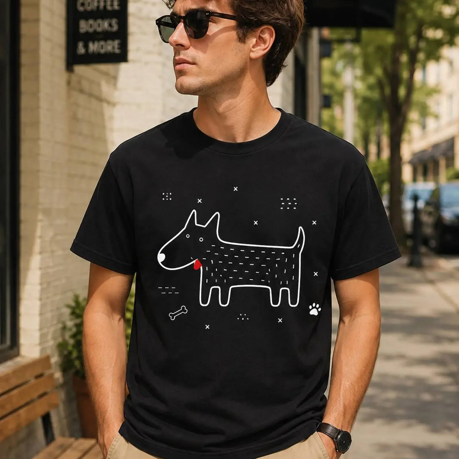 Minimalistisches Hundemotiv, T-Shirt, niedliches abstraktes Welpenbild, modernes Design für Tierliebhaber, lustiges Tiermotiv, Vintage-Look, gewaschen, weich, unisex, dehnbar.