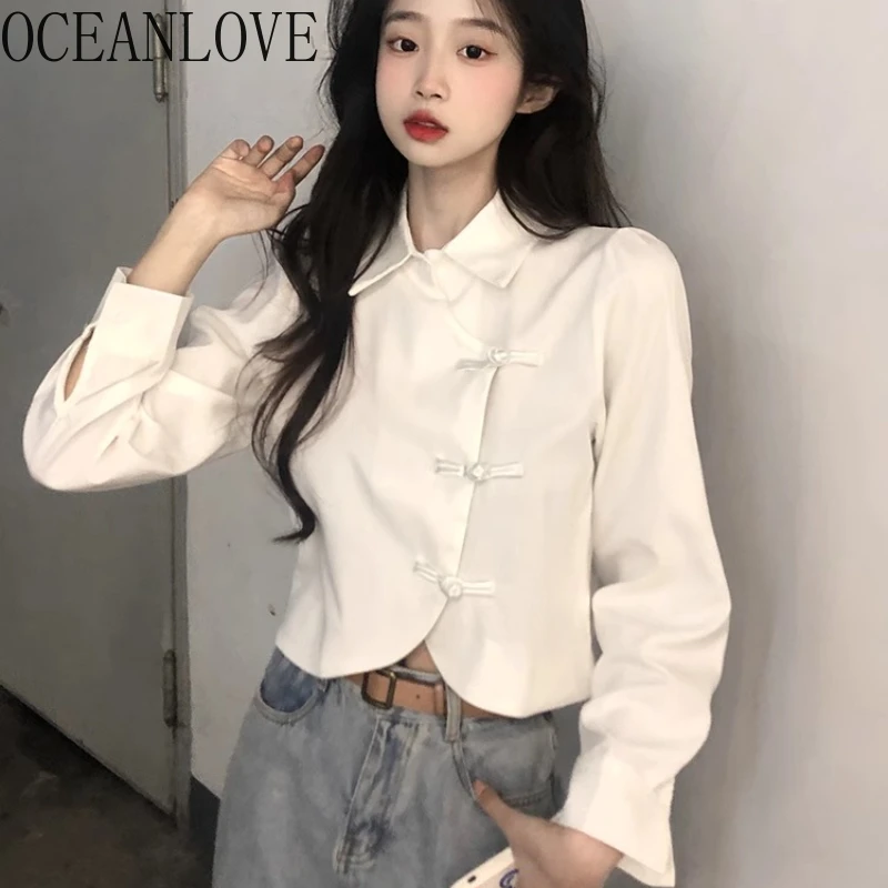 

OCEANLOVE Chinese Style Blouses Solid Spring Autumn Fashion Vintage Women Shirts Slim Elegant Irregular Short Camisas