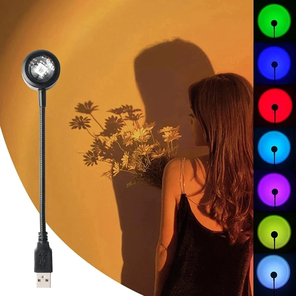 1x USB Sunset Lamp LED Rainbow Neon Night Light Projector Photography Wall Atmosphere Lighting for Bedroom Home Room Decor Gift