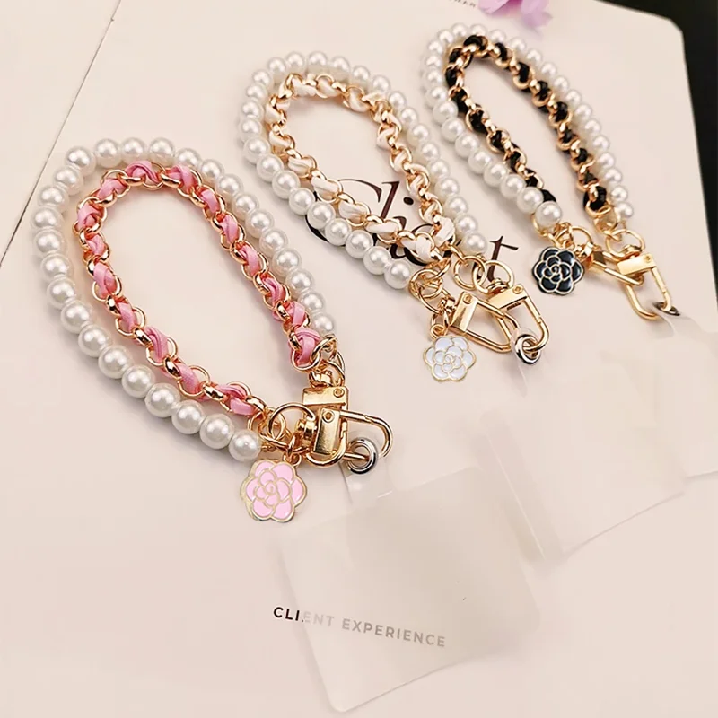 Camellia Pearl Mobile Phone Charm keychain Chain Girl Woman Cell Phone Case Fashion Pendant Key Strap Rope With Universal Clip