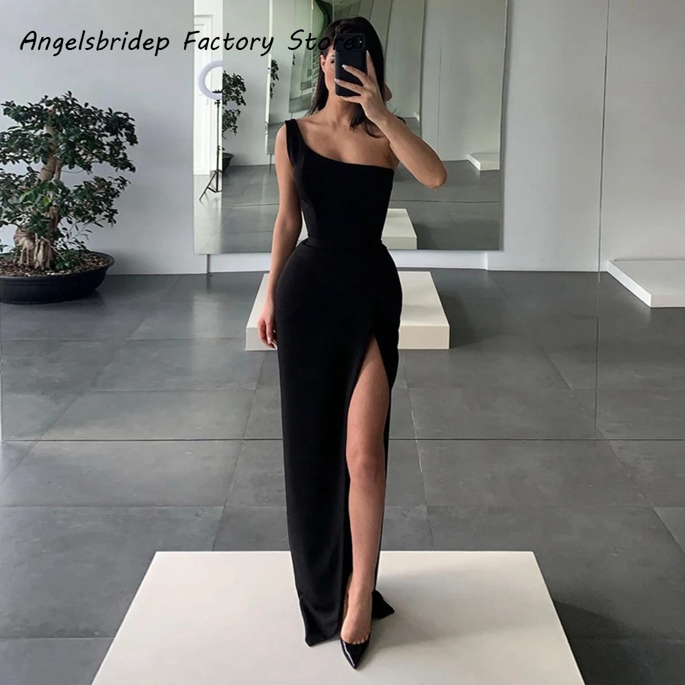 

Angelsbridep One Shoulder Prom Party Gown Sexy Black Mermaid Evening Dresses Arabic High Slit Vestidos De Fiesta Robes De Soirée