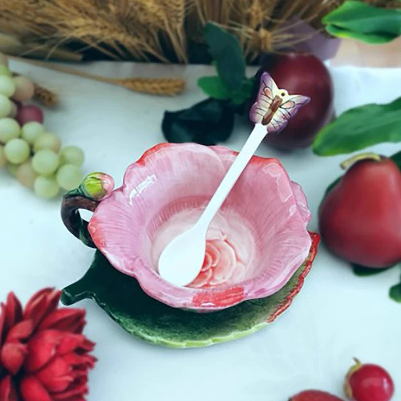 

Ceramic Rose Coffee Cup with Lid and Spoon Creative Embossed Flower Design Exquisite Afternoon Tea Flower Tea Coffee Cup Gifts