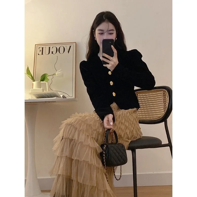 

Весенне-летняя юбка-миди трапециевидной формы с высокой талией, пушистый торт Sle Bla, женская модная корейская версия, полиэфирное волокно