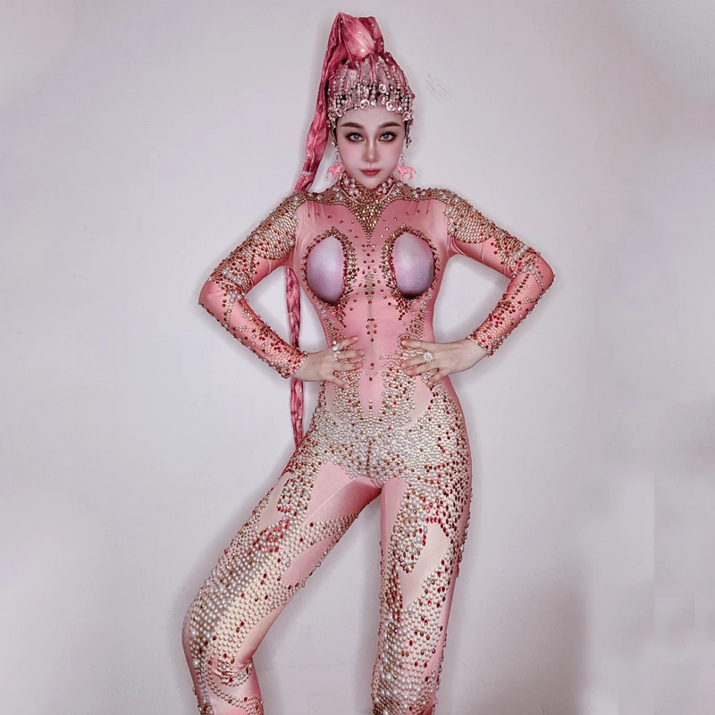 

Pink Rhinestones Jumpsuit Sexy Party Festival Outfit Women Nightclub Dj Party Gogo Dancer Costume Stage Rave Clothing XS6000