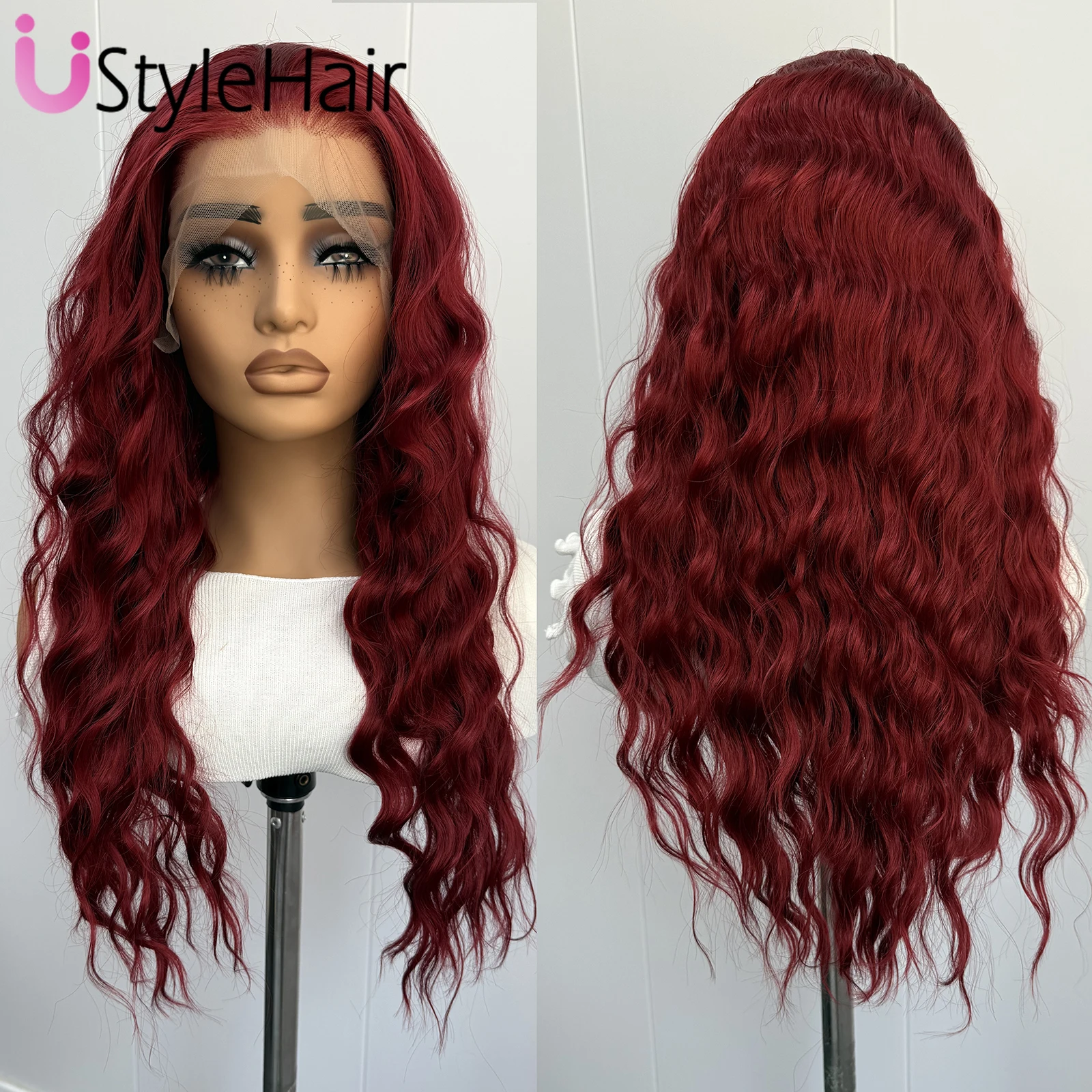 

UStyleHair Бордовый парик спереди, длинные объемные волны, синтетические волосы 13x4, бесклеевые натуральные волосы, парики, повседневная одежда, парики для косплея