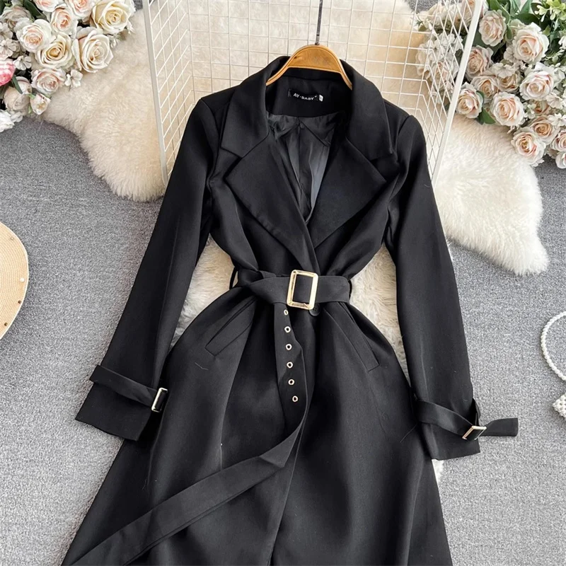 French Hepburn style Long Blazer Dress Full Sleeve Suit Colllar Waistband Slim Split A-Line Trench Coat Elegant Outerwear Z3958