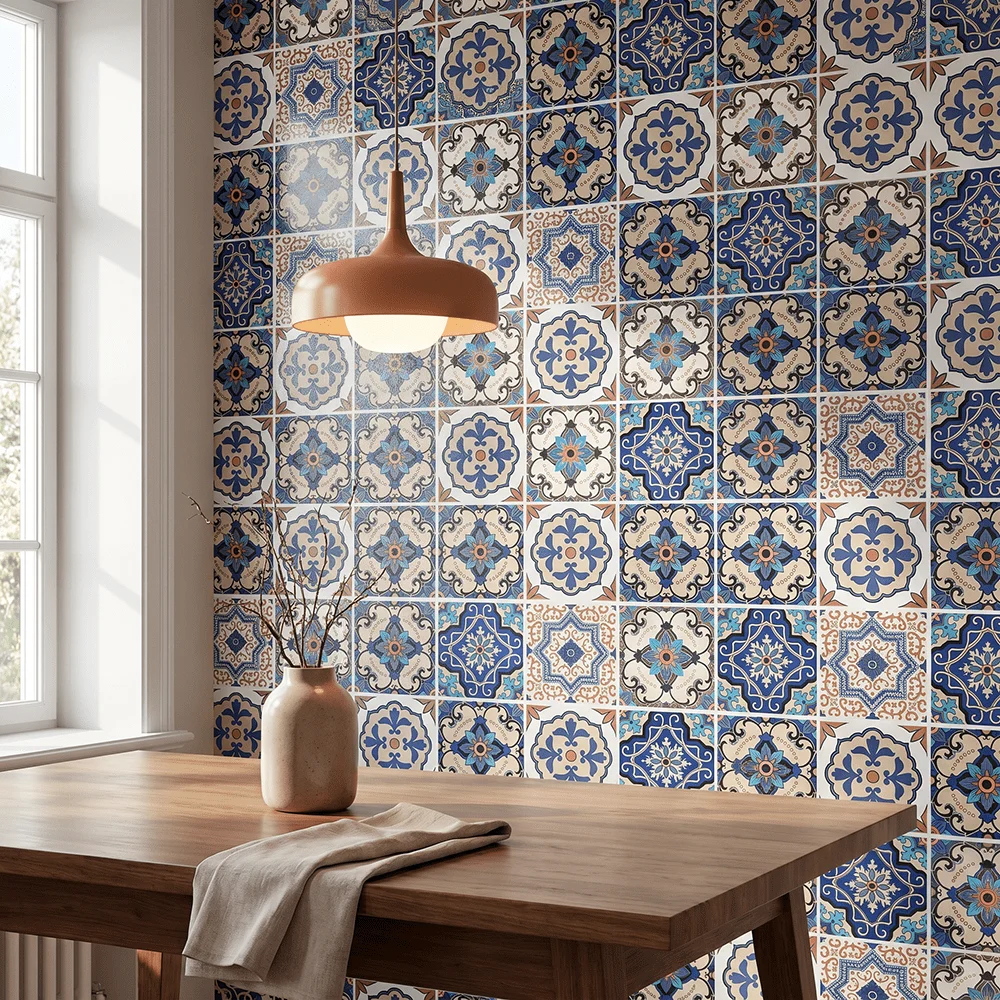 Blue Brown Spanish Talavera Tile Peel & Stick Wallpaper, PVC Self-Adhesive Contact Paper for Kitchen Backsplash & Bathroom Decor view 3