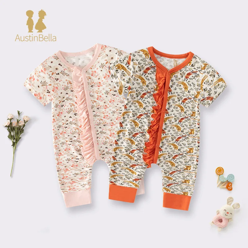 

Summer Baby Romper Thin Retro Print Single Breasted Short Sleeve Jumpsuit Newborn Baby Girl Soft Breathable Crawling Clothes