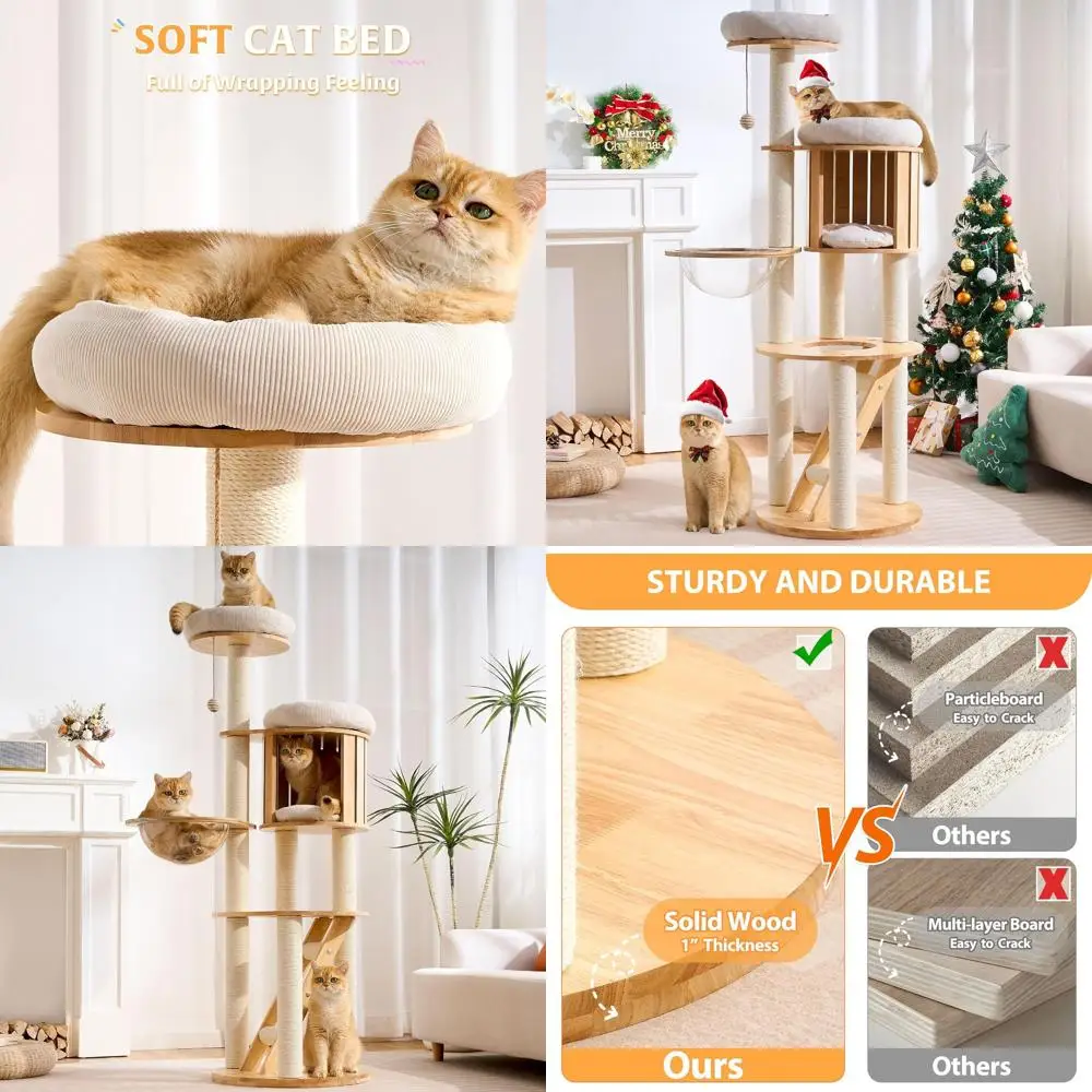 

62, высокая кошачья башня из цельного дерева с когтеточкой, медом, лестницей для восхождения и съемной кроватью для домашних кошек