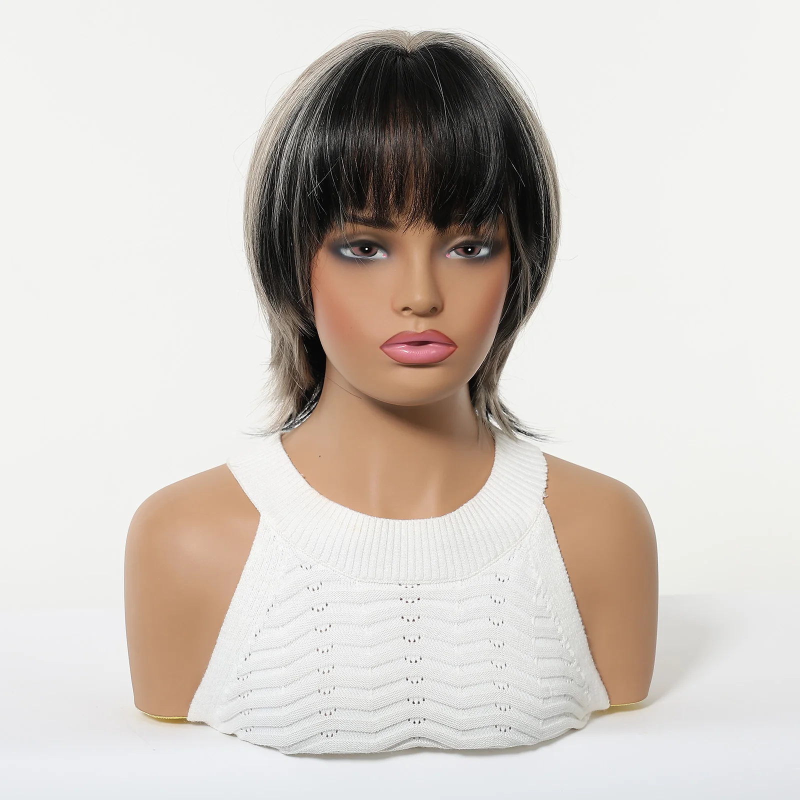 12 Inches Black To Gray Short Synthetic Wigs With Bangs For Women Daily Party Use Heat Resistant Fiber Natural Looking Fashion