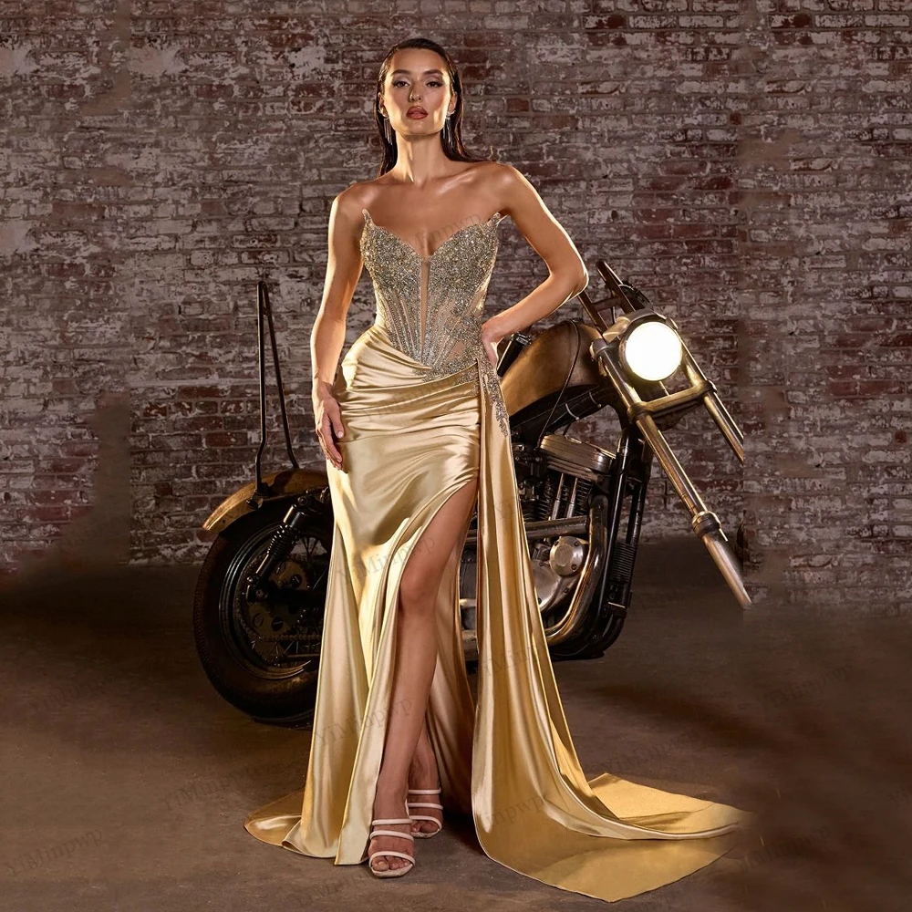 럭셔리 이브닝 드레스 2025 스트랩리스 머메이드 새틴 파티 드레스 트레인 사이드 슬릿 포함 맞춤형