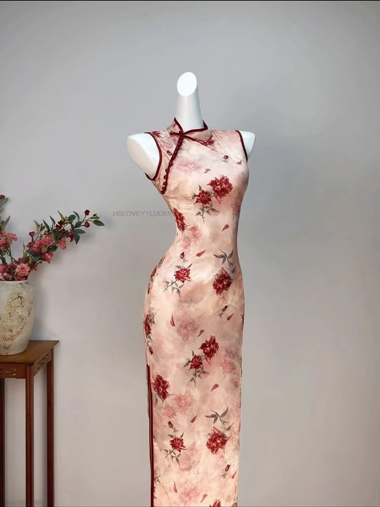 

Spring And Summer New Chinese Cheongsam Cheongsam Retro National Style Dress Sleeveless Floral Qipao Dress Women Qipao