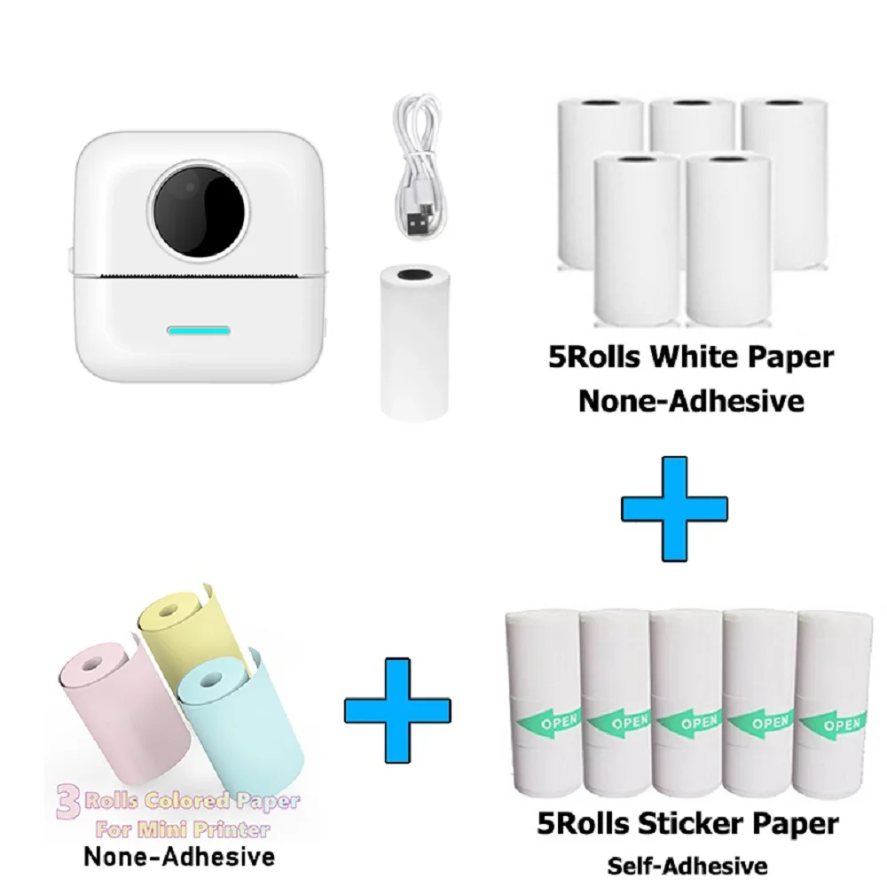 Mini Pocket Printer Mini Sticker Printer Portable for Printer with 13 Roll Papers for Notes, Photos, Stickers, Labels, Receipts