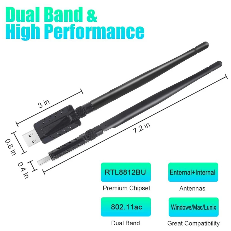 Adaptateur Wi-Fi Bi-Bande 1200Mbps avec Antenne à Gain éLevé 5DBi, Adaptateur WiFi Sans Fil USB 3.0 pour PC Windows, Mac OS