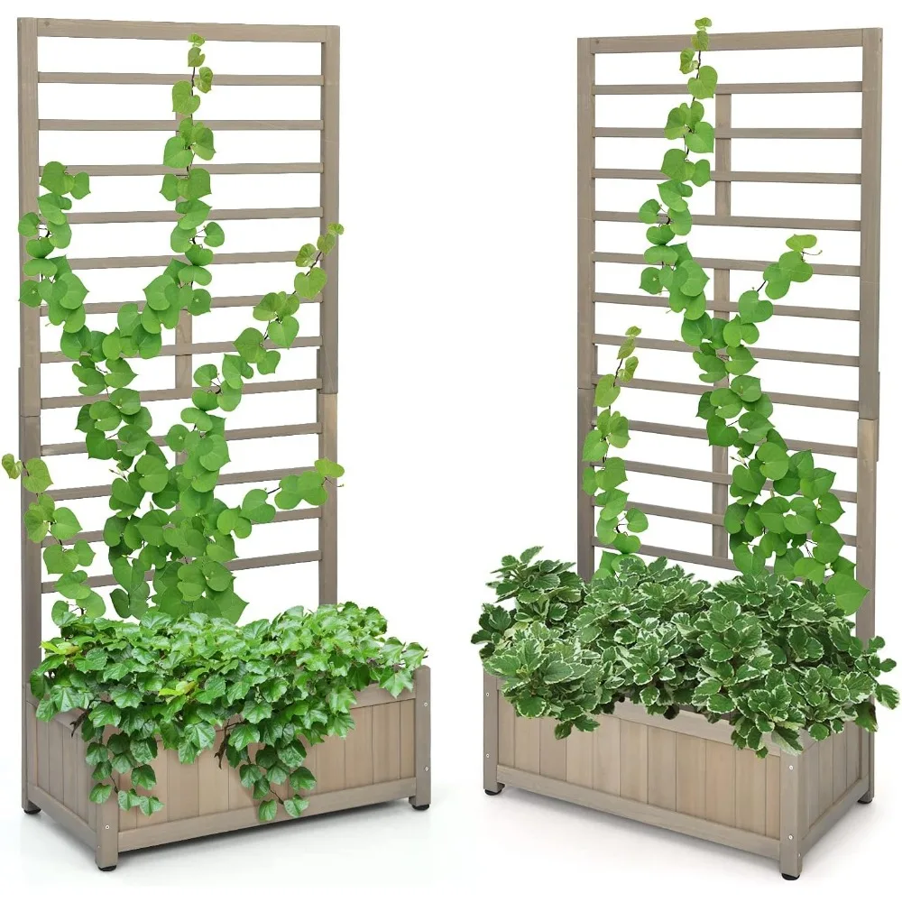 

Giantex Set of 2 Raised Garden Bed with Trellis, Wood Planter Box for Flower Climbing, Standing Vertical Indoor Outdoor Plant Co