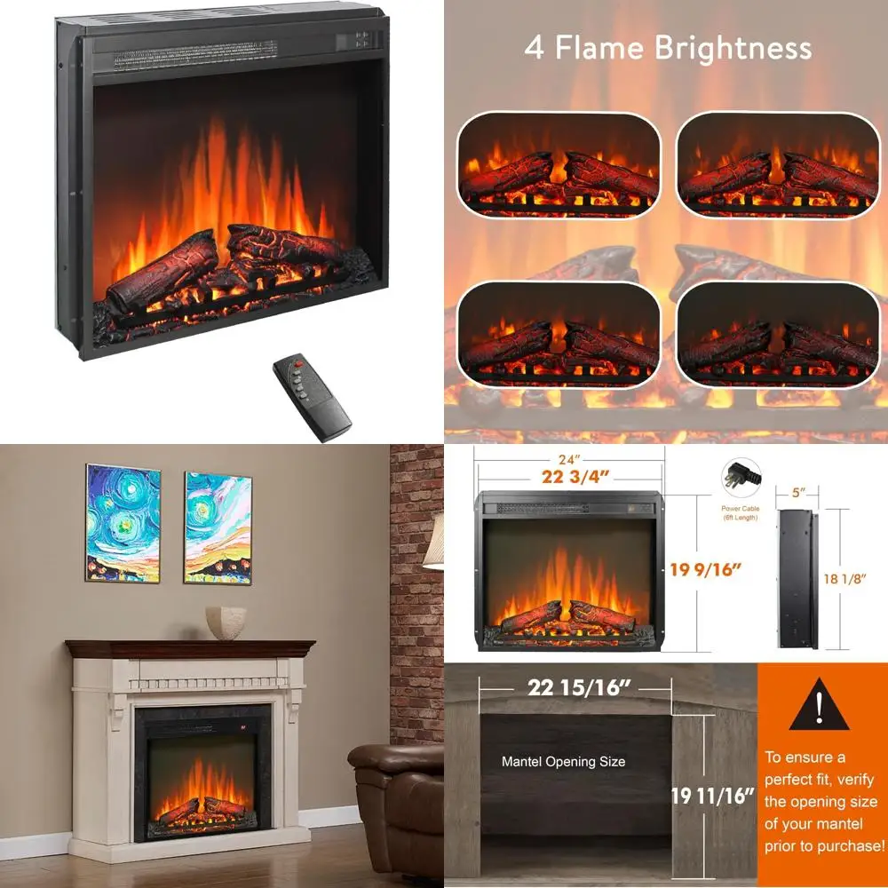 

23 Electric Fireplace Insert, Fireplace Heater with Remote, Adjustable 4 Flame Brightness, Log Set, Low Noise, 8H Timer, Overhea