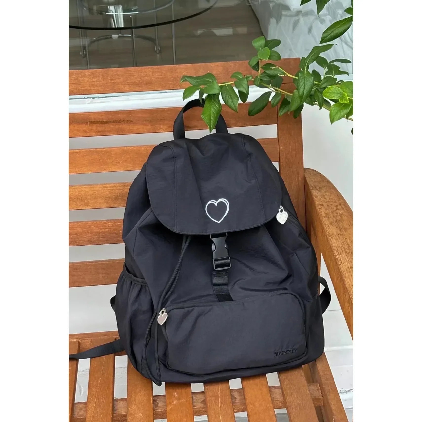 Black Zipper School Flap Backpack Women Korean Heart Printing College Students Laptop Bag Fashion Nylon Travel Girls Backpack