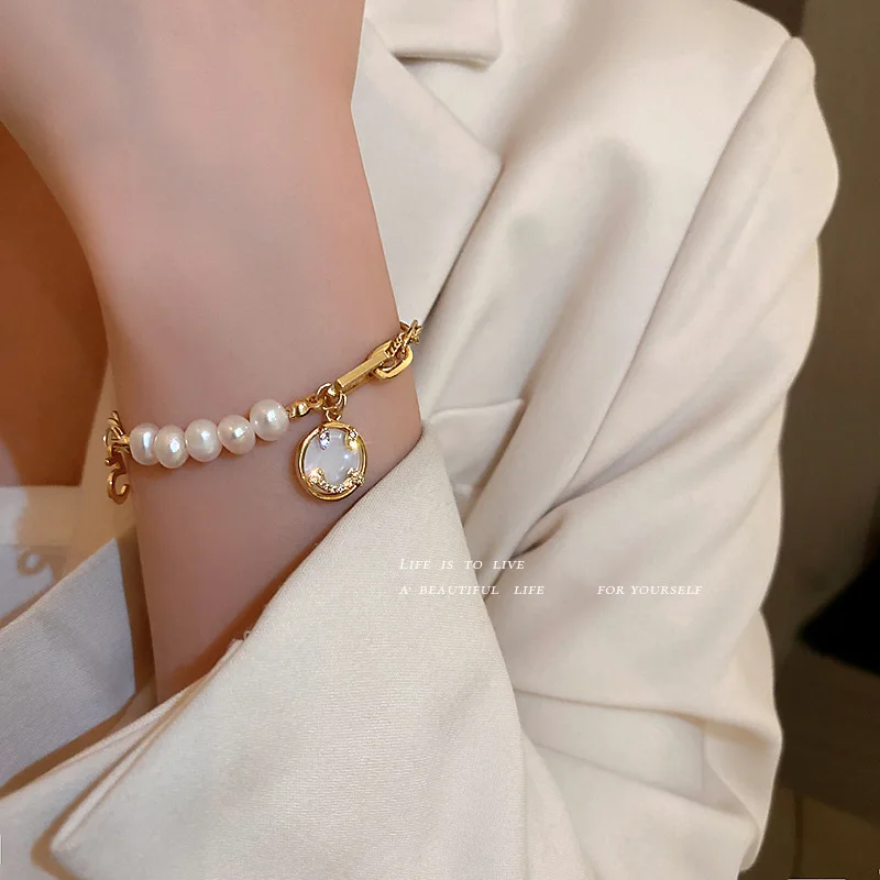 Korea ladies freshwater pearl diamond smiley face digital bracelet ins niche luxury temperament bracelet jewelry