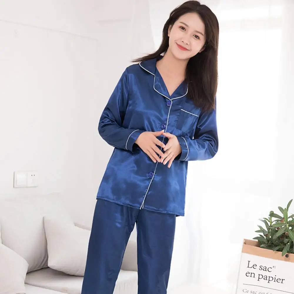 Long Sleeve Suit Solid Color Pajamas Set Women Sleepwear Silk Satin Couples Suit