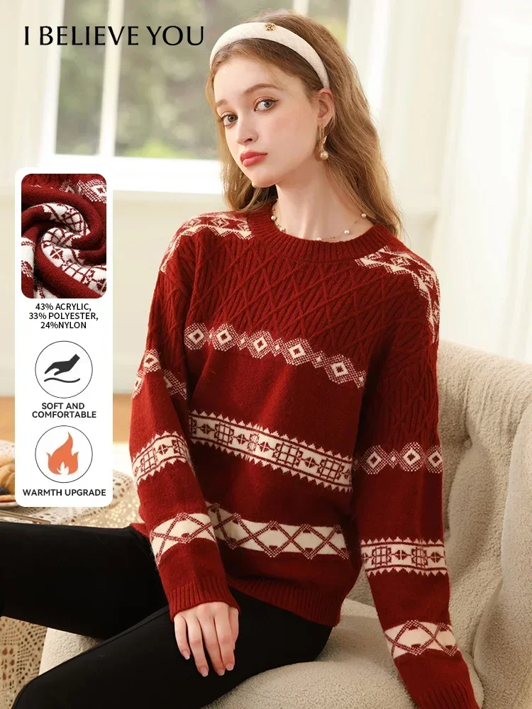 I BELIEVE YOU Christmas Red Sweaters Women Jacquard Lazy Wind Winter New Loose Colorblocking Warm Pullover Knitwears 2234125171