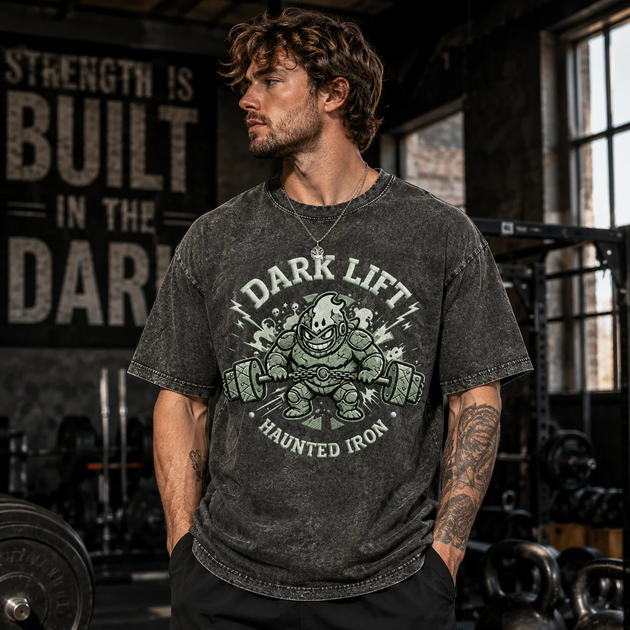 Vintage Acid Washed Oversized T Shirt Dark Lift Haunted Iron Cartoon Weight Lifting Graphic Tee Y2K Gym Streetwear Short Sleeve