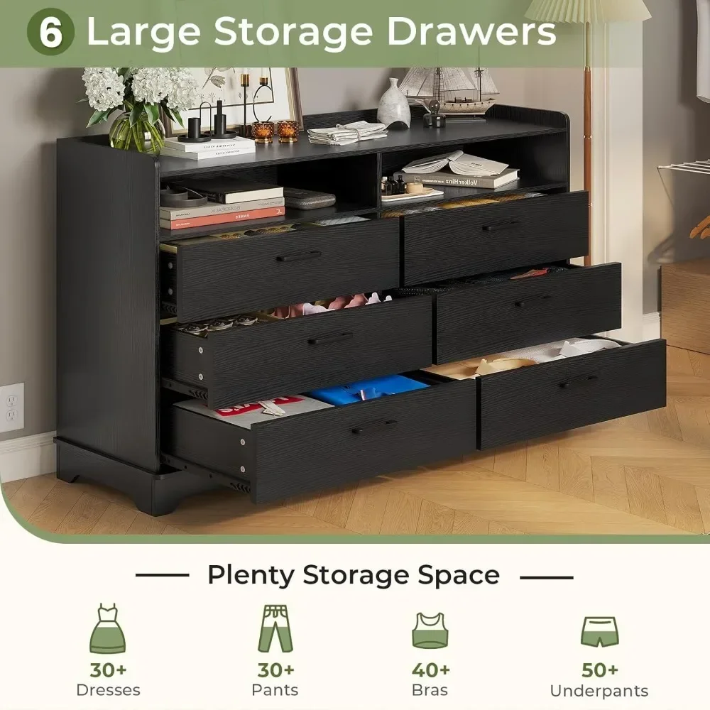 Bedroom Dresser with 6 Drawers and 2 Cubbies, Black Modern Chests of Drawers with Sturdy Pedestal