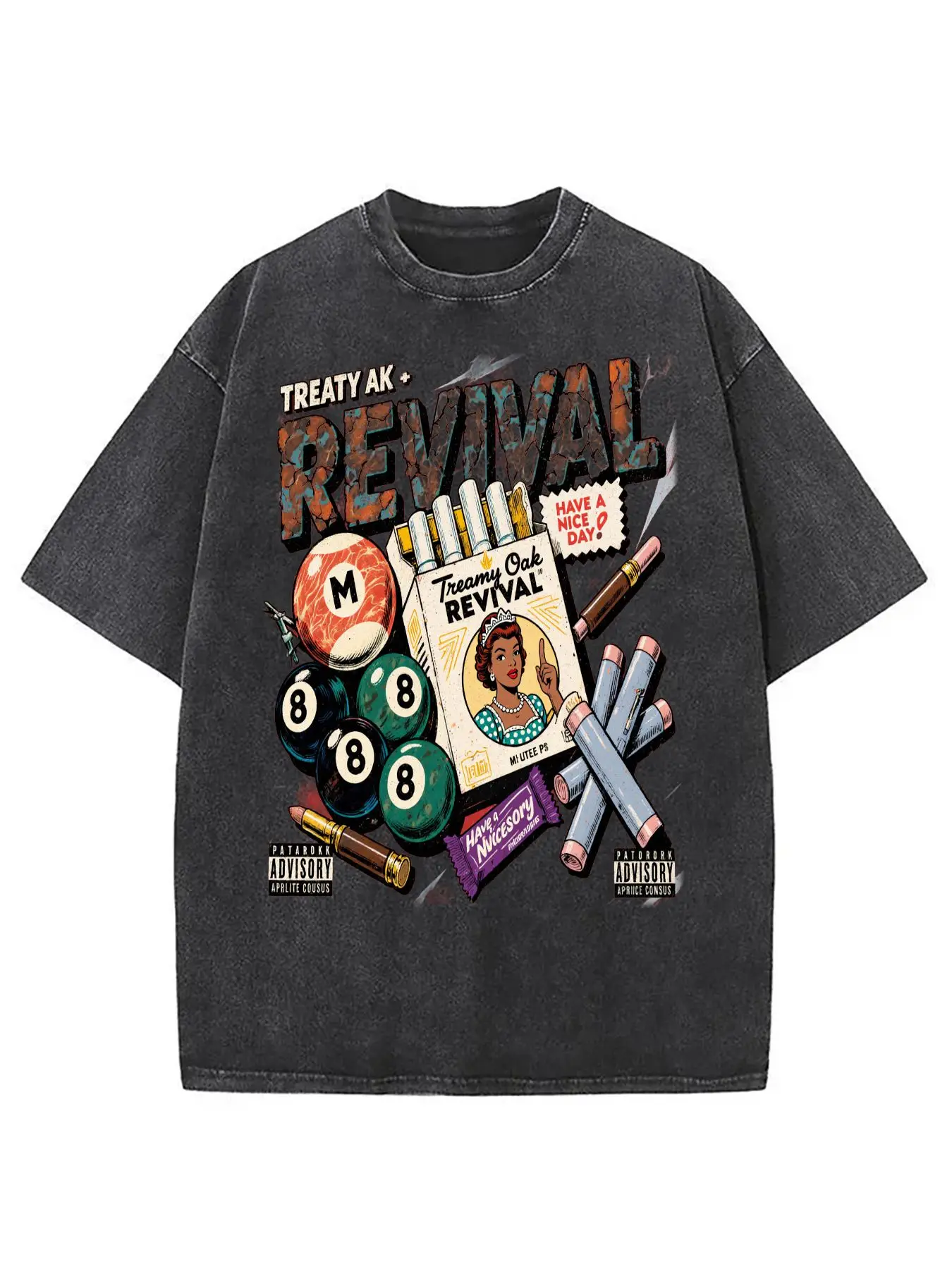 Vintage Retro Treaty Ak Revival Graphic T-Shirt, Black Casual T-Shirt with Unique Pool and Street Art Elements - Soft and Breathable Men's Fashion T-Shirt - Perfect Gift for Birthdays, Anniversaries, or Any Special Occasion!