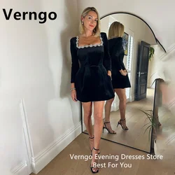 Verngo Velvet Crystal Mini Formal Dresses Square Collar Long Sleeves Dresses For Special Event A Line Short Simple Outfit