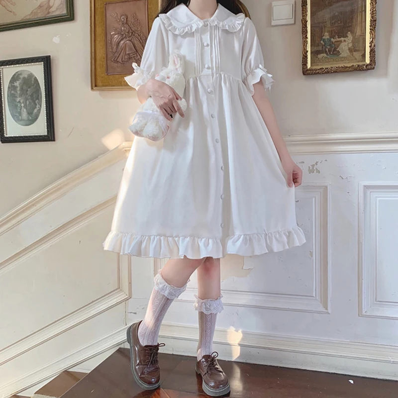 女の子のためのカワイイロリータドレス,白いパフスリーブ,妖精の襟,ピーターパン,和風,かわいい,パーティー,夏