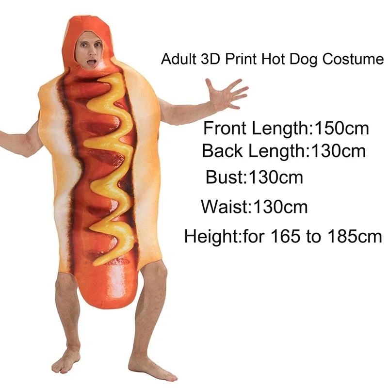 Śmieszne kostiumy dla dorosłych dzieci z nadrukiem 3D Hot Dog Halloween karnawałowa sukienka imprezowe dla chłopców Unisex kombinezon Purim Shool pokaz sceniczny