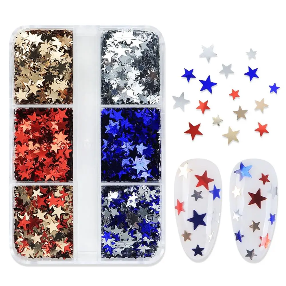 Kit glitter per unghie a stella a 6 slot – Paillettes a stella ultra scintillanti del Giorno dell'Indipendenza per unghie e nail art a pressione