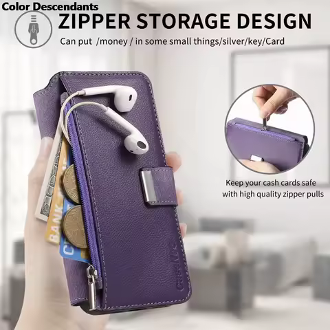 Zipper Multi 6 Cards Case For Samsung Galaxy S24 Plus S23 Ultra S22 S21 S20 FE 5G S10 4G S9 S8 Leather With Magsafe Wallet Cover