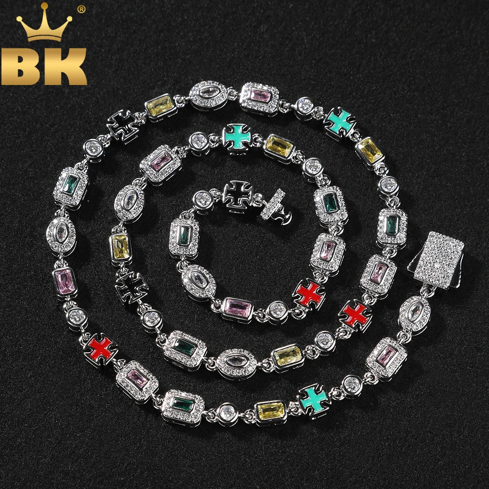 

THE BLING KING 6mm Multicolor Gemstone Tennis Necklace Iced Out Pink Green Yellow CZ Enamel Cross Bracelet HipHop Jewelry