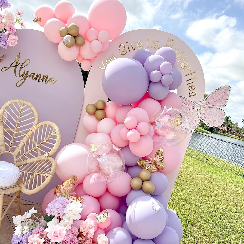 Pastel Pink Purple Balloon Garland Kit Gold Butterfly Cutouts Props DIY Birthday Baby Shower Wedding Party Decor Backdrop