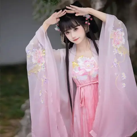 Chinese Hanfu Dress Women Fairy Costume Birthday Party Outfit Ancient Chinese Embroidery Pink Hanfu Dress Plus Size XL