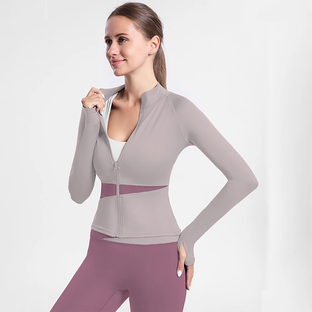 

Color blocking extended yoga jacket, quick drying yoga suit, high neck slim fit, slimming and nude fitness top for women