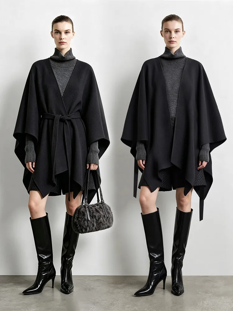 Amii Double-Faced Wool Coat Dolman Cape V-Neck Belted Oversized Minimalist Commuter 2026 Winter Women Coats 12654017