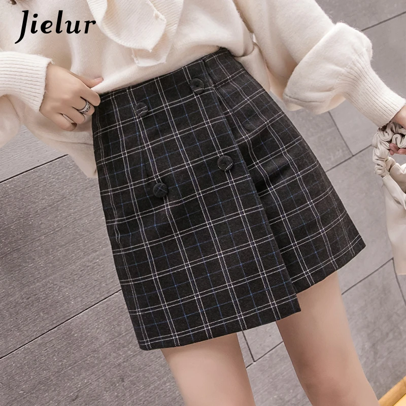 Black Gray High Waist Plaid Skirt Female Woolen A-line Sexy Women's Skirts Autumn Fashion Elegant Mini Saias S-XXL