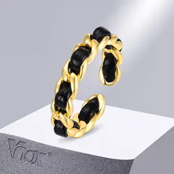 Vnox Chic Black Chain Rings for Women Lady, Gold Color Metal Resizable Finger Bands,Simple Gifts Jewelry for Her