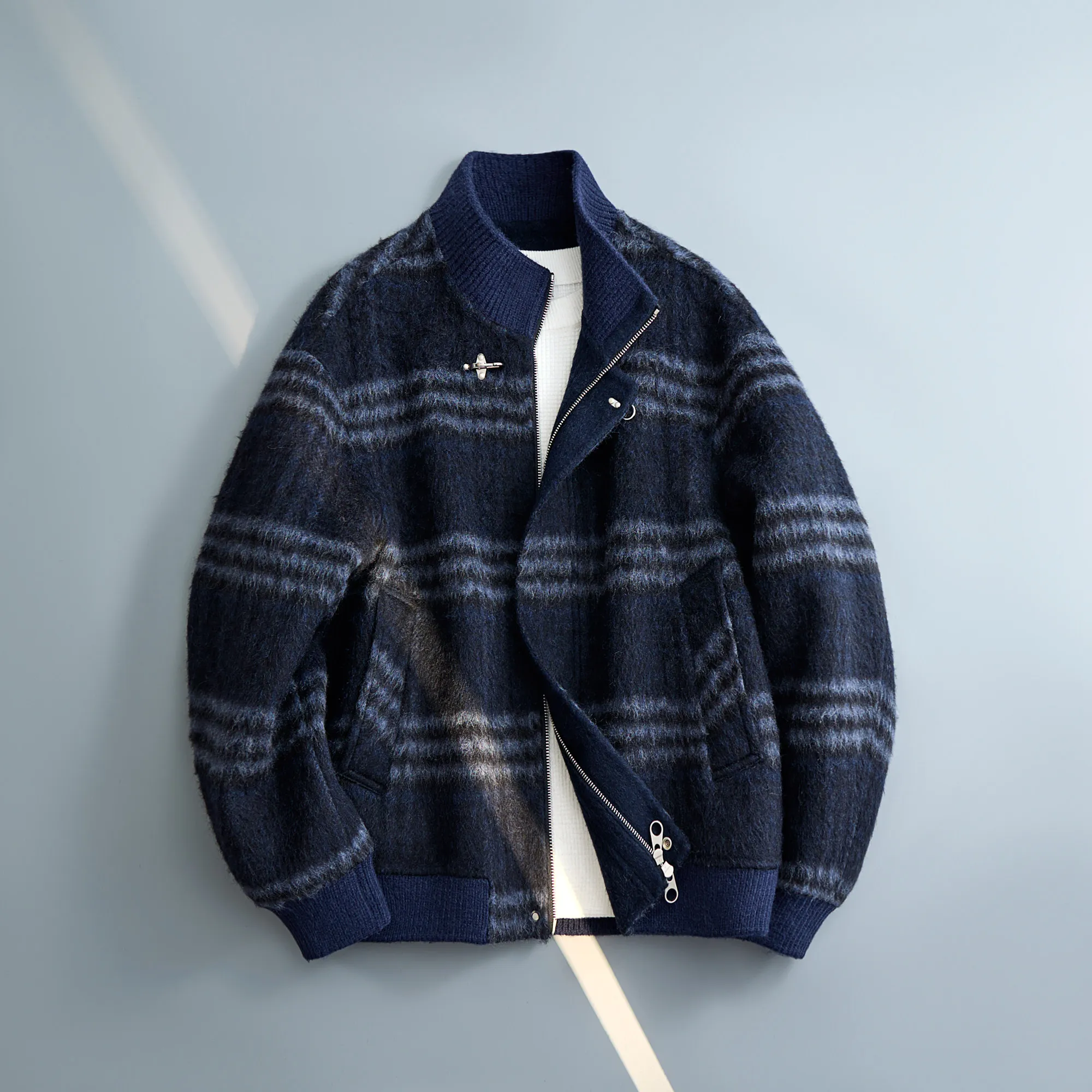 Men Plaid Wool Blend Bomber Jacket Rib Stand Collar Zip Up Double Sided Woolen Coat Autumn Winter Loose Casual Outerwear