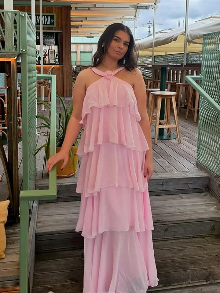 

Ruffles Halter dress Women 3D Flower Hanging Neck Backless Fluffy Baggy Robes Elegant Beach Strap Chiffon Long Dresses