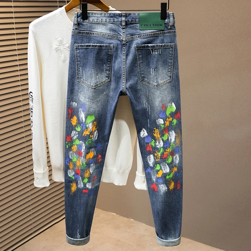 Designer Graffiti Men's Jeans Paint Painted Fashion Stretch High Street Trousers Slim Fit Small Feet Male Clothes Denim Pants