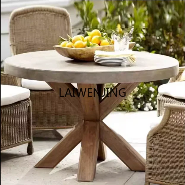 HLZ Nordic retro imitation cement round solid wood dining table industrial style round table