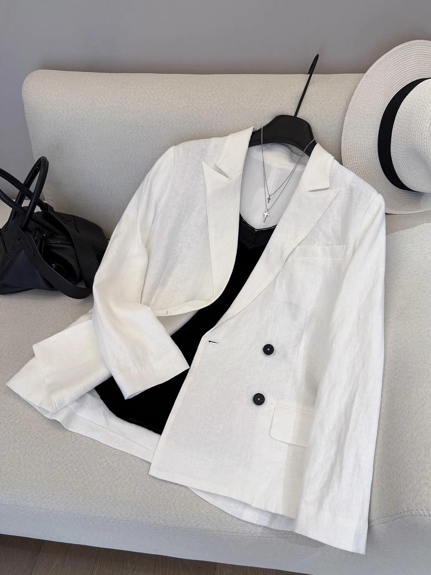 Casual Linen Suit Jacket Women's Style Breathable White Quality Commute Scenarios Comfortable Fit Standard Length Double Button