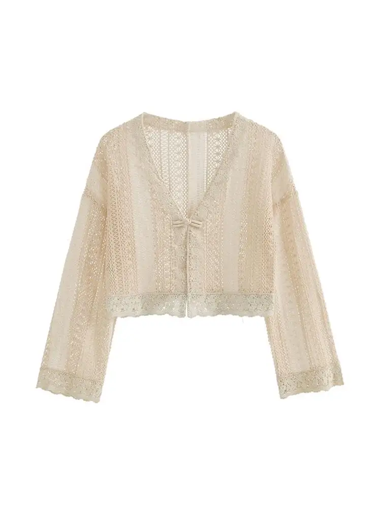 

Retro Sun Protection Open Cardigan Women's Summer New Holiday Style Hollow out Short Top with Strap Dress Korean Version