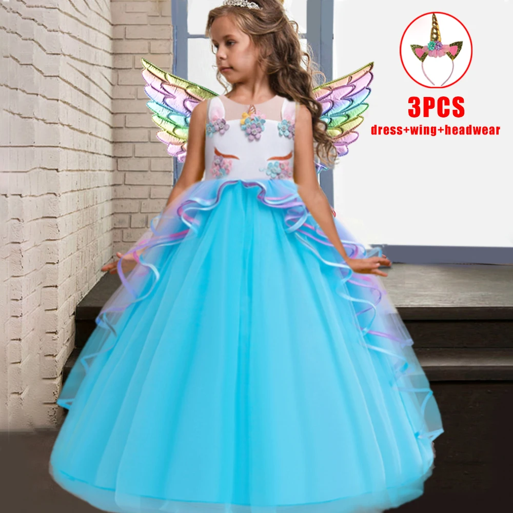 Girls Unicorn Rainbow Party Dresses Christmas Elegant Pink Wedding Princess Birthday Dress for Girl Flower Appliques Prom Gown