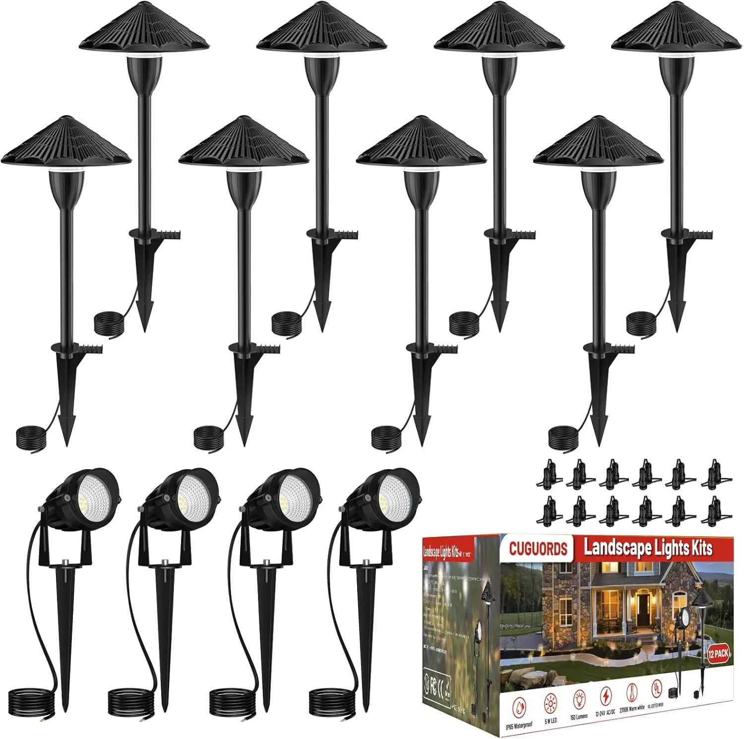 Lighting Kit,LED Low Voltage Pathway Lights,AC/DC 12-24V UL Listed Cord Waterproof,Outdoor Wired Landscape Light Sets,Outdoor Pa